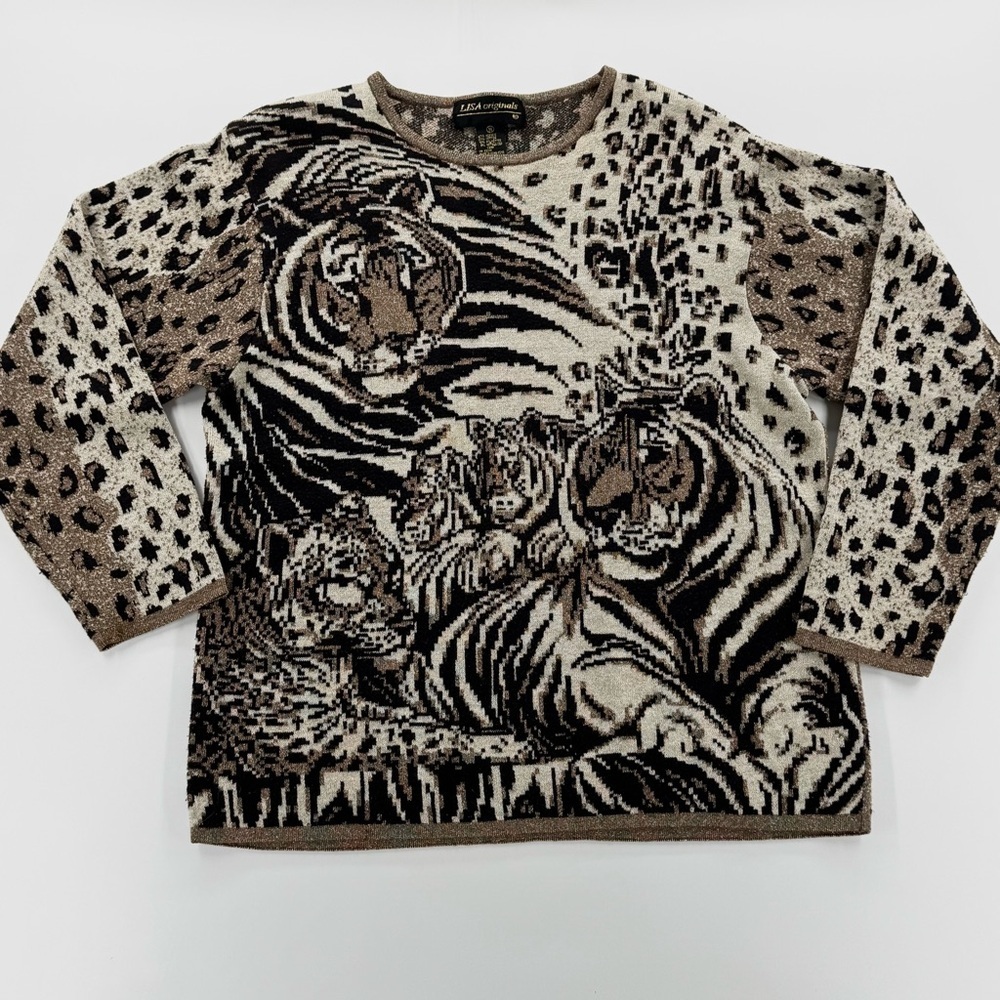 Vintage 80s 90s LISA Originals Tiger Animal Print Statement Sweater M mob wife